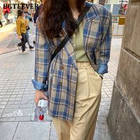 BGTEEVER Vintage luźne kobiety Plaid Blazer 2020 jesień Chic podwójne piersi kobiet kostium z długim rękawem kurtki stylowe panie Blazer 4